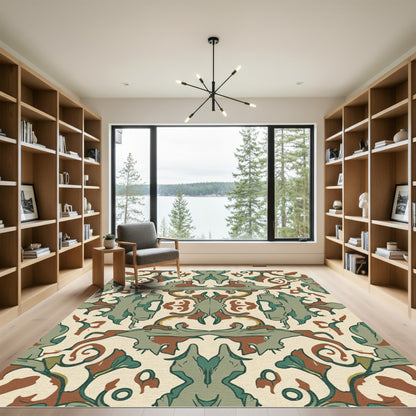 Antique Amber Green Scroll Motif Rug