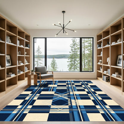 Deep Blue Cream Plaid Geometric Rug