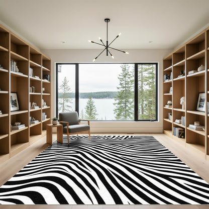 Bold Black White Swirling Zebra Stripes Rug