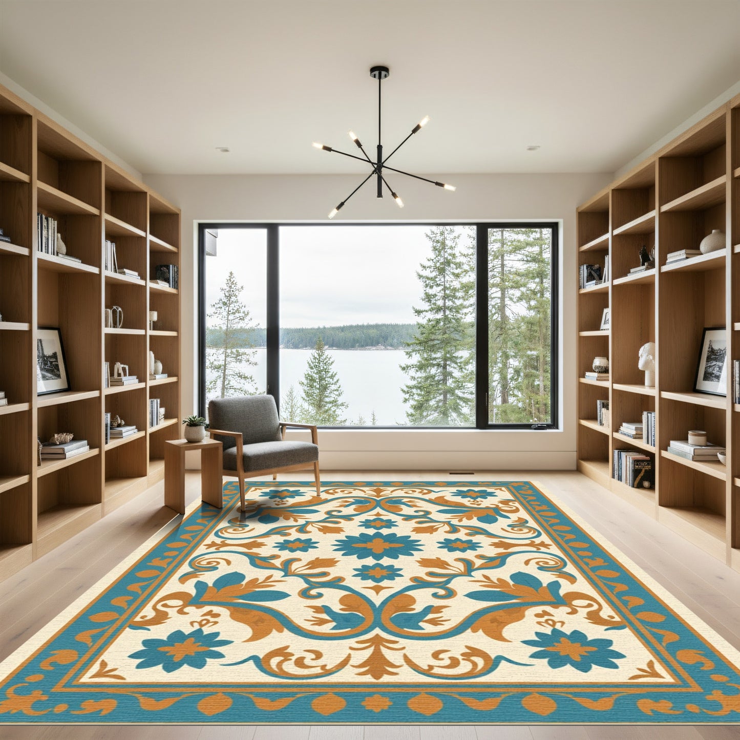 Aqua Orange Floral Medallion Scroll Rug