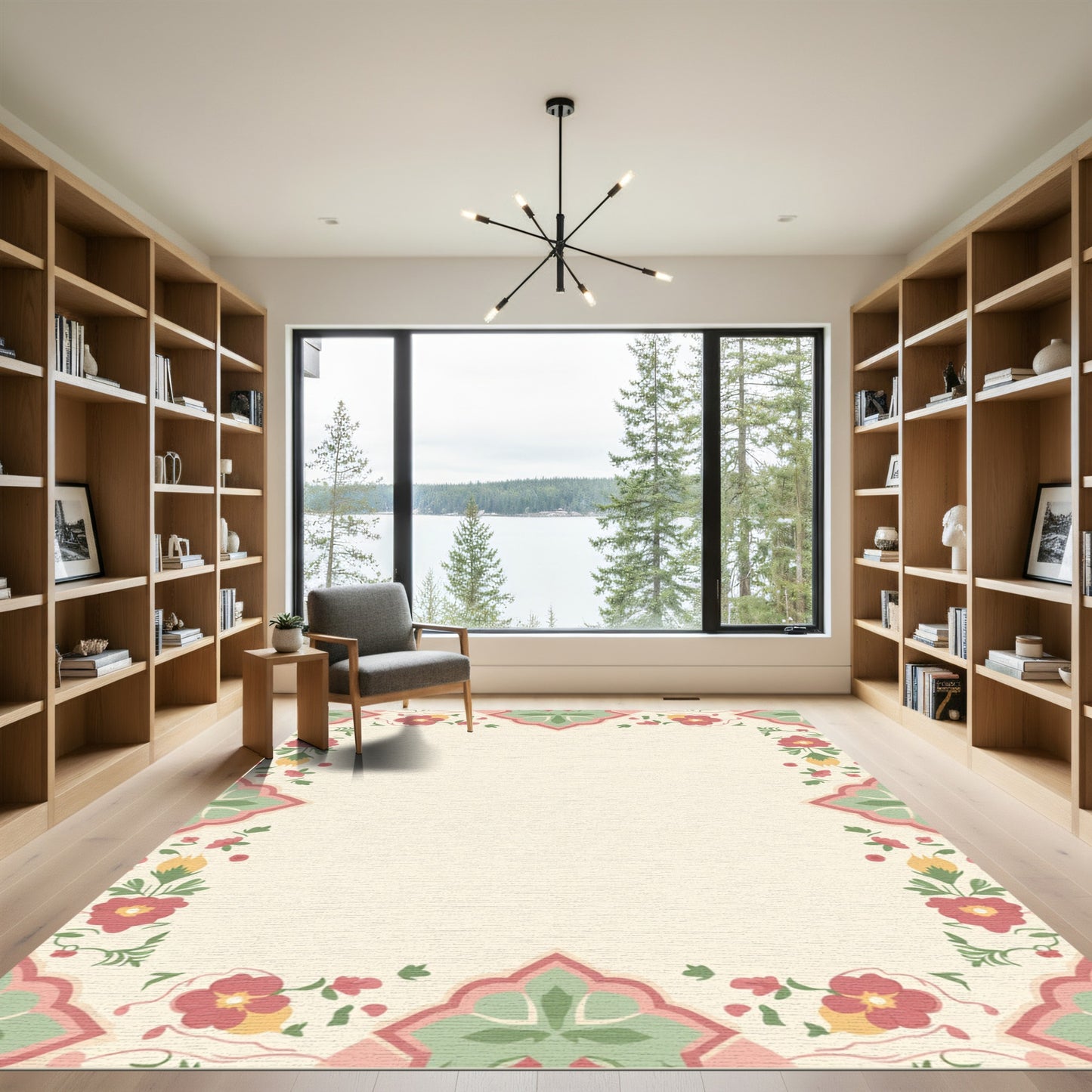 Tender Pink Green Floral Scroll Frame Rug
