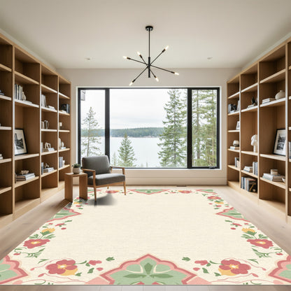 Tender Pink Green Floral Scroll Frame Rug