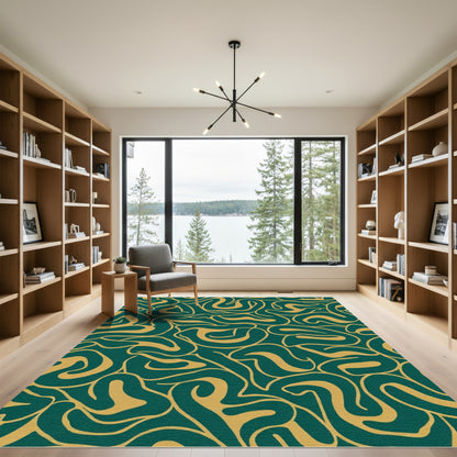 Deep Teal Golden Swirl Abstract Rug