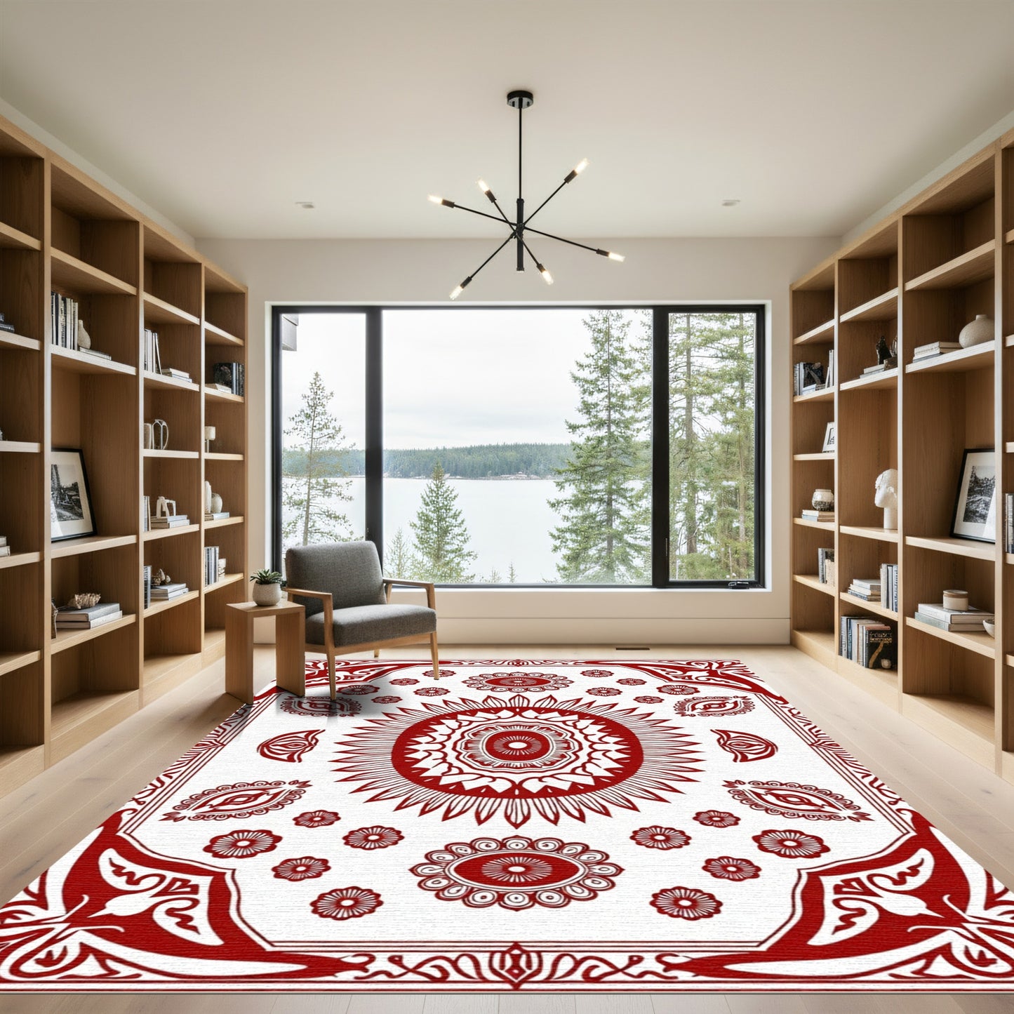 Crimson Sunburst Mandala Medallion Rug
