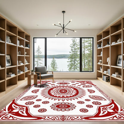 Crimson Sunburst Mandala Medallion Rug