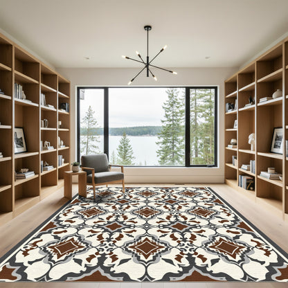 Brown White Gray Arabesque Floral Rug