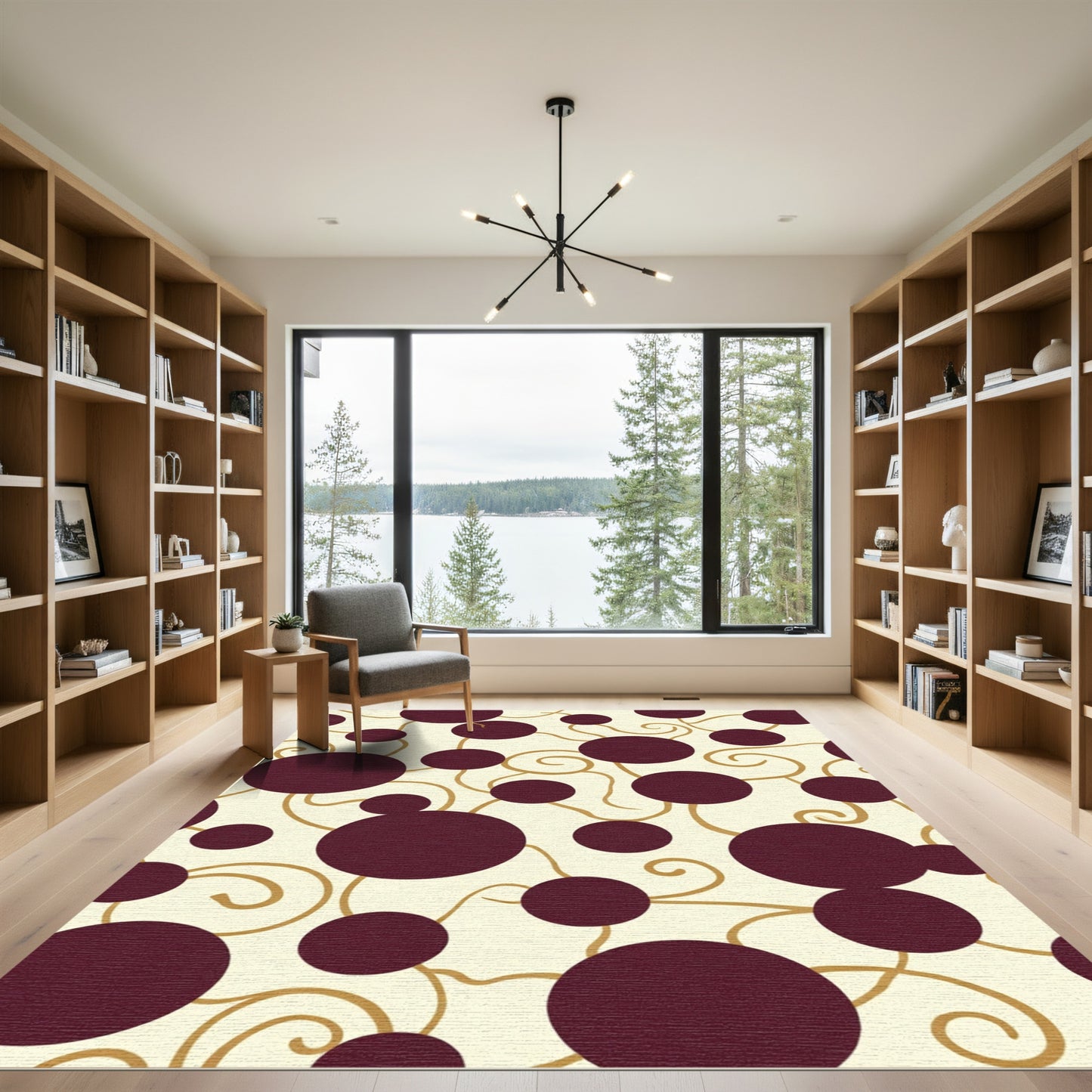 Deep Burgundy Circles Gold Swirls Rug