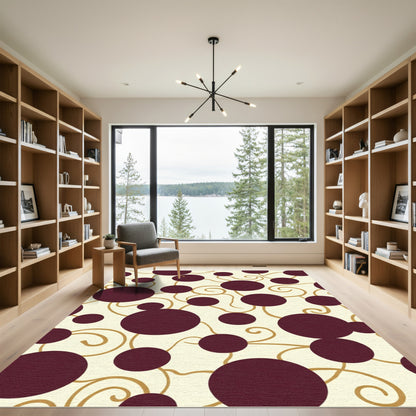 Deep Burgundy Circles Gold Swirls Rug