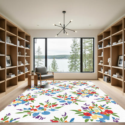 Vibrant Red Blue Orange Floral Bouquet Rug