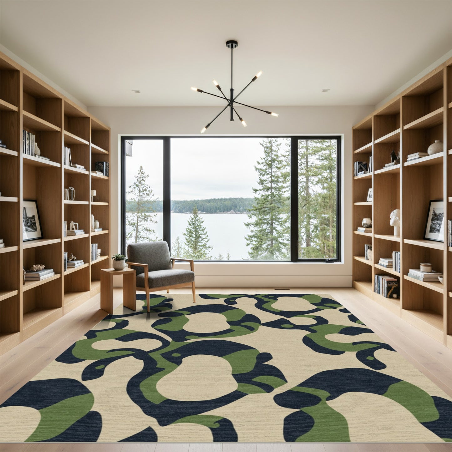 Green Navy Beige Abstract Camouflage Shapes Rug