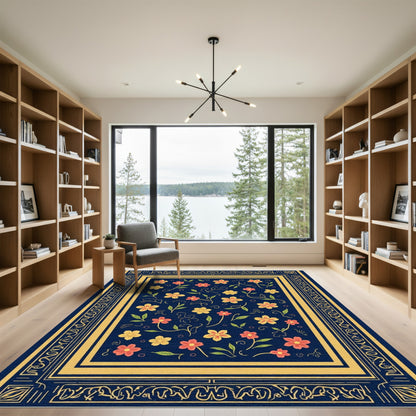 Coral Yellow Flower Botanical Border Rug