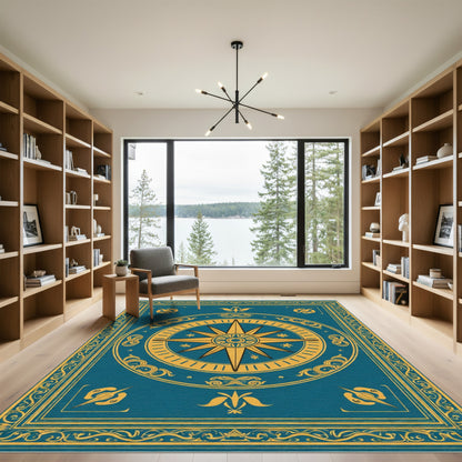 Teal Sun Compass Emblem Rug