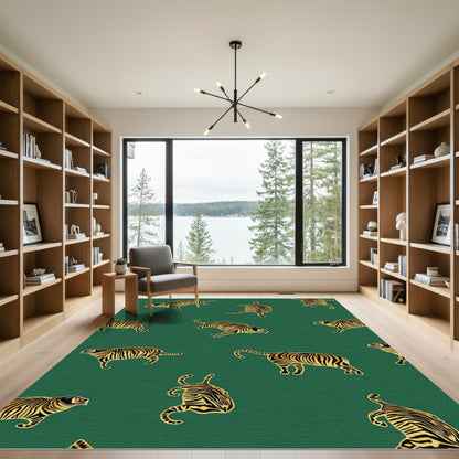 Golden Tiger Silhouette Emerald Green Rug