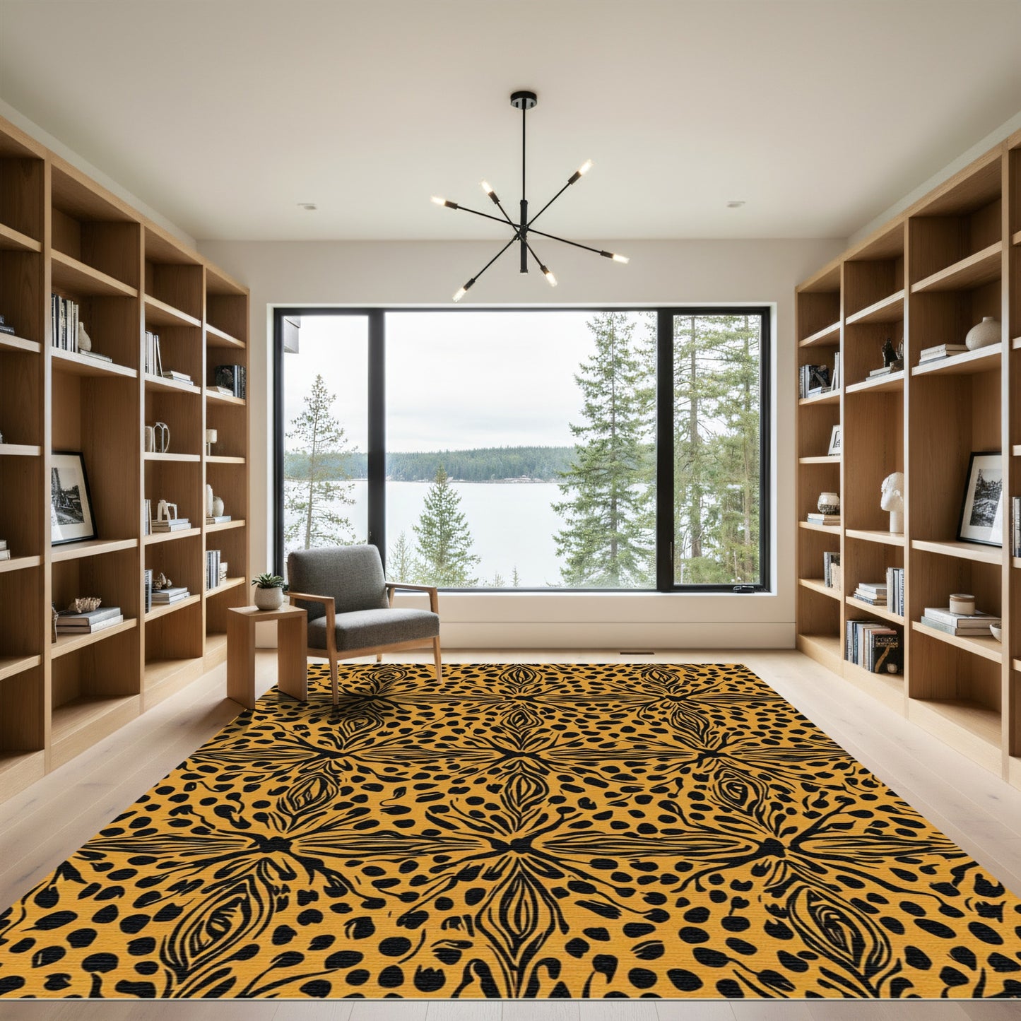 Golden Black Abstract Floral Dot Rug