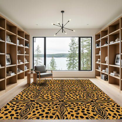 Golden Black Abstract Floral Dot Rug