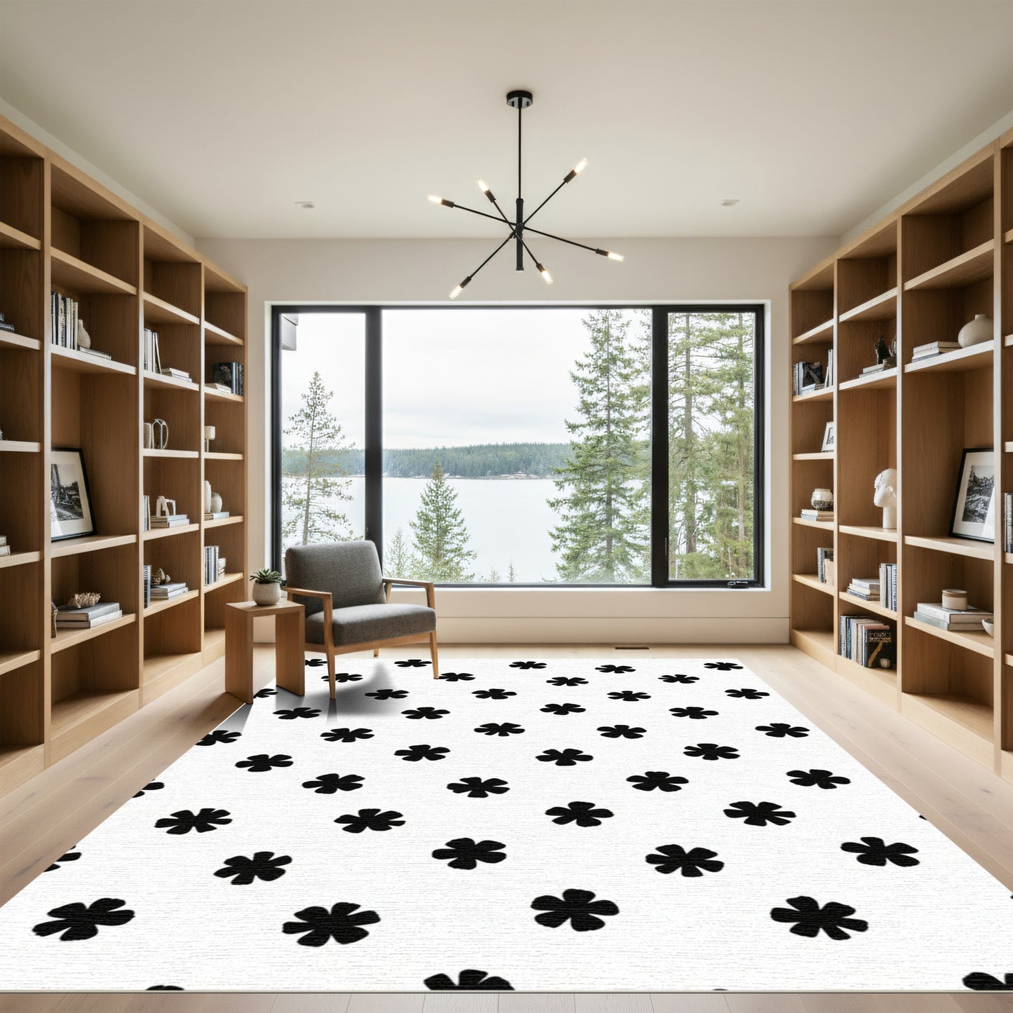 Black White Floral Cluster Rug