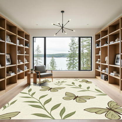 Earthy Green Butterfly Leaf Arrangement Rug