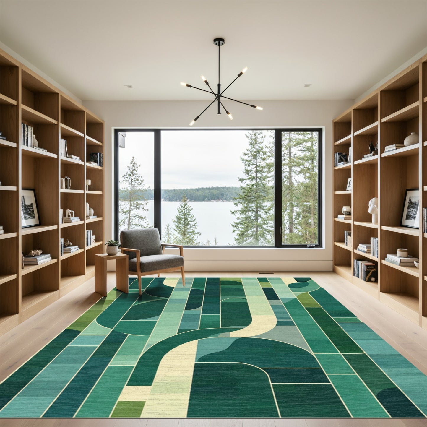 Modern Teal Geometric Curving Segments Rug
