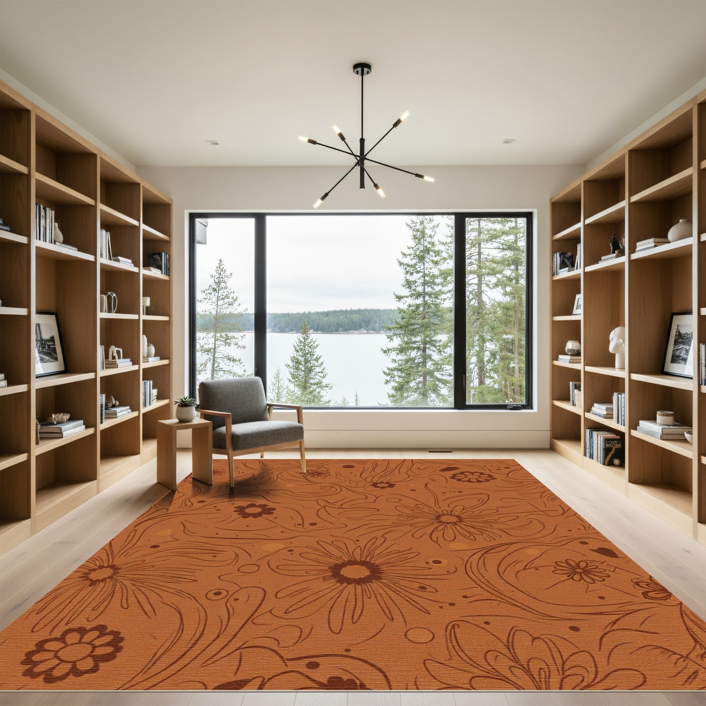 Terracotta Swirling Floral Outline Rug
