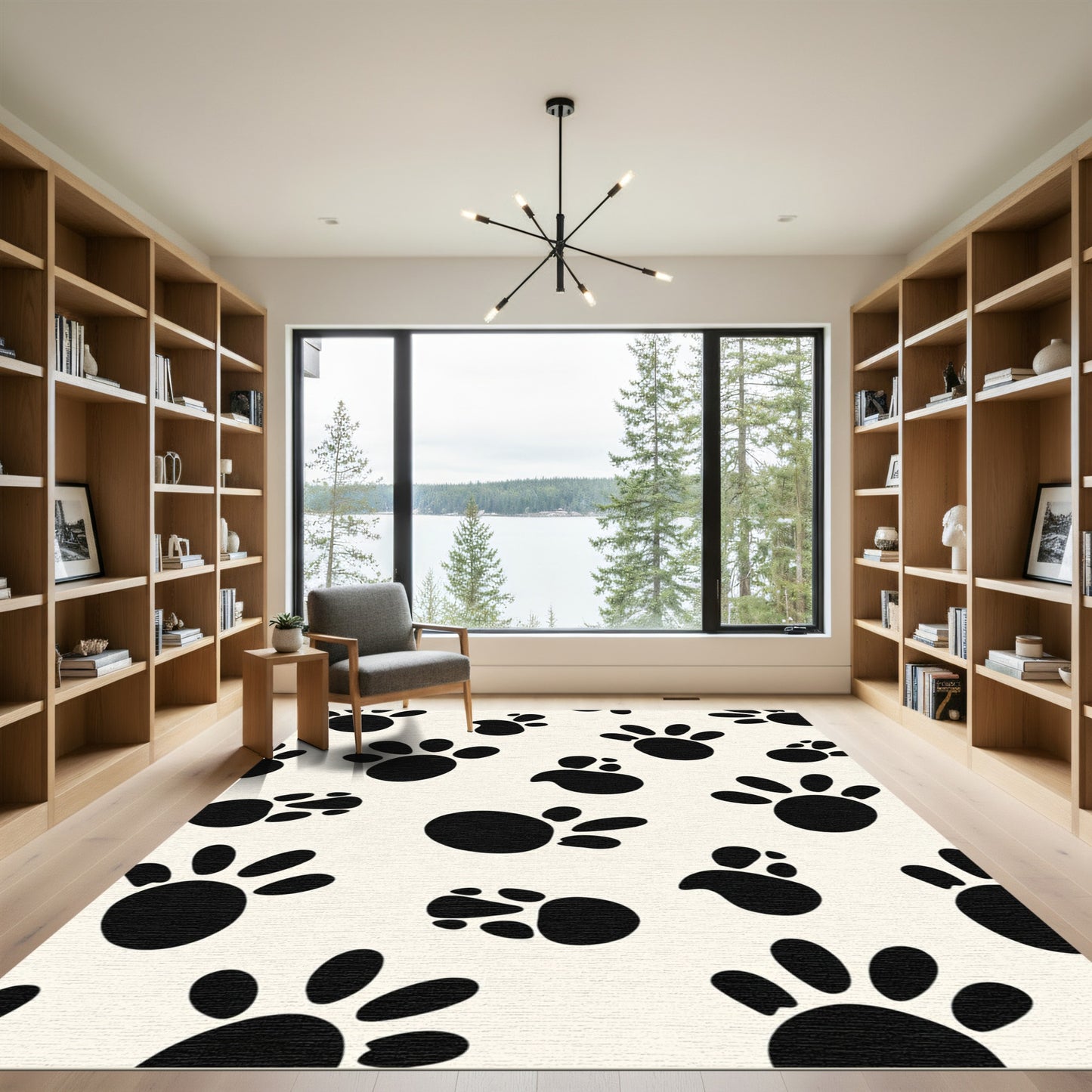 Black Paw Prints Cream Background Rug