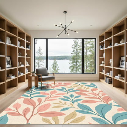 Soft Coral Teal Leaf Sprigs Rug