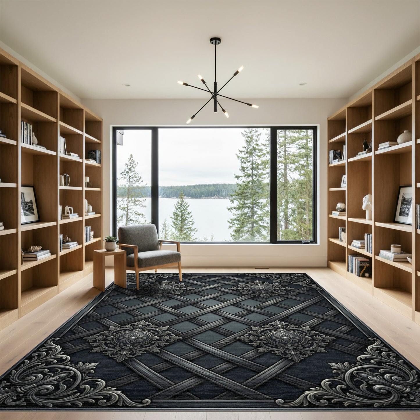 Ornate Dark Gray Wood Lattice Rug
