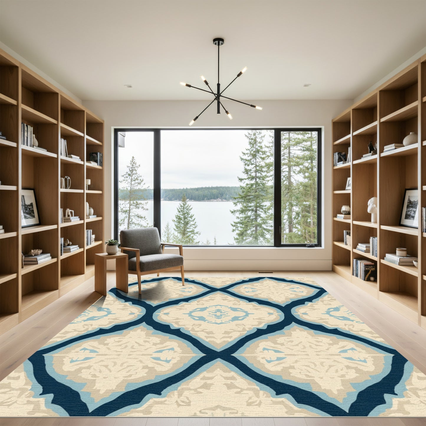Navy Blue Cream White Arabesque Medallion Rug
