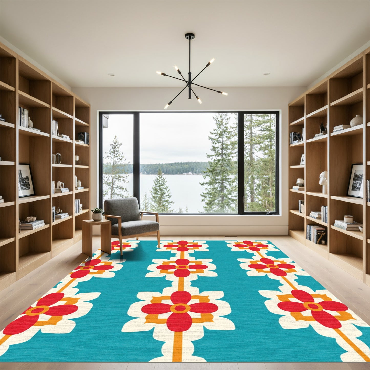 Retro Red Teal Floral Medallion Rug