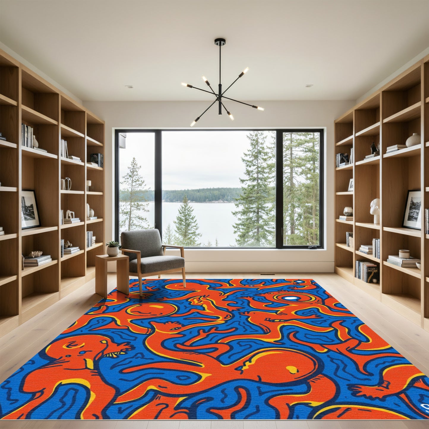 Whimsical Red Figures Blue Background Rug