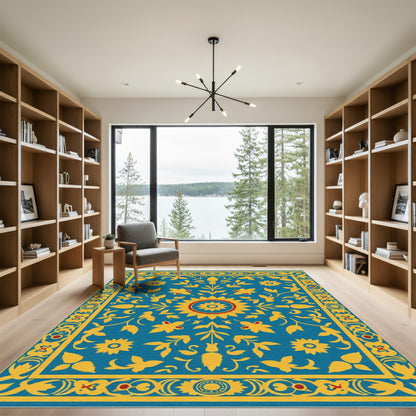 Azure Sunburst Floral Scroll Rug