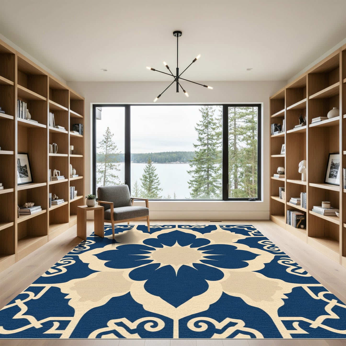Indigo Cream Floral Mandalas Rug