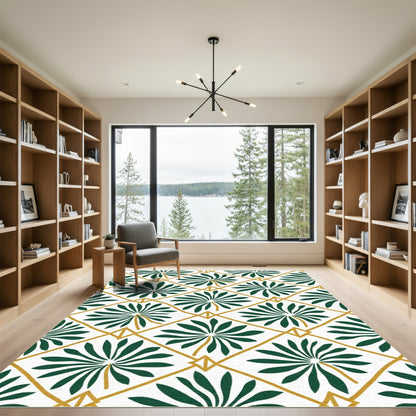 Emerald Palm Leaf Diamond Lattice Rug