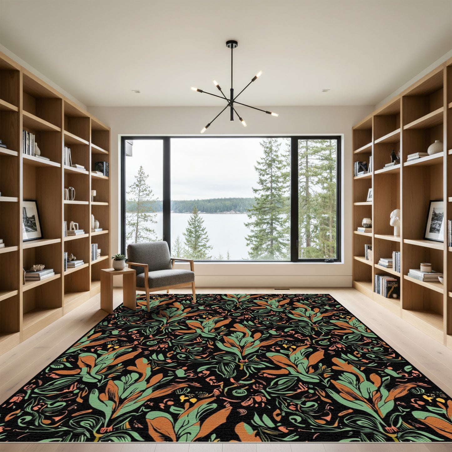 Vibrant Earthy Leaves Black Background Rug