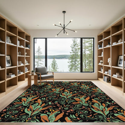 Vibrant Earthy Leaves Black Background Rug