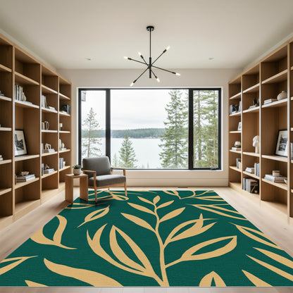 Golden Botanical Branches Emerald Backdrop Rug