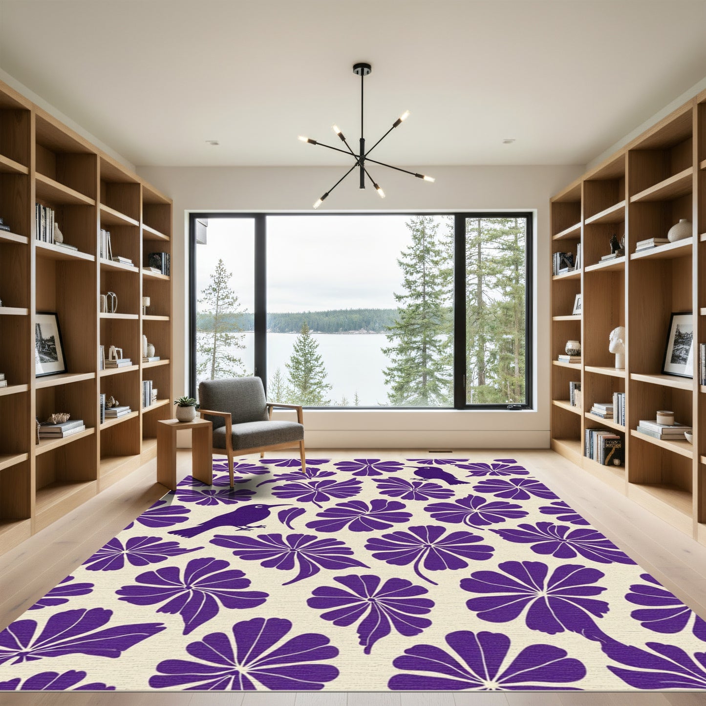 Purple Floral Bird Silhouette Rug