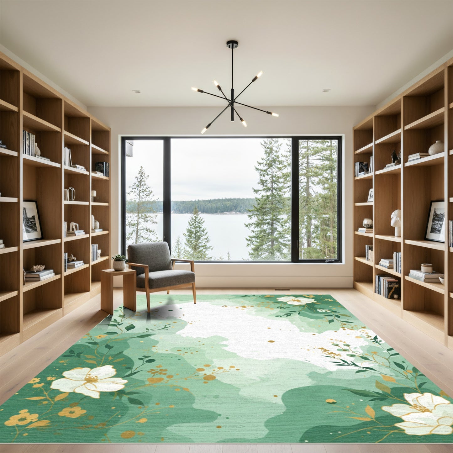 Green Watercolor Floral Botanical Vines Rug