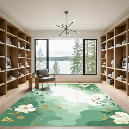 Green Watercolor Floral Botanical Vines Rug