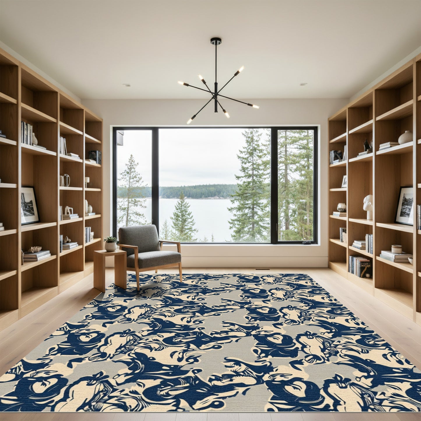 Navy Blue Ink Blot Floral Rug