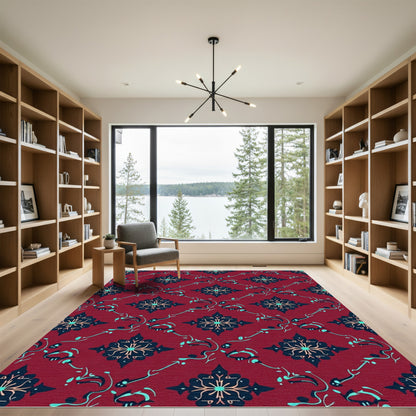 Deep Red Floral Medallion Scroll Rug