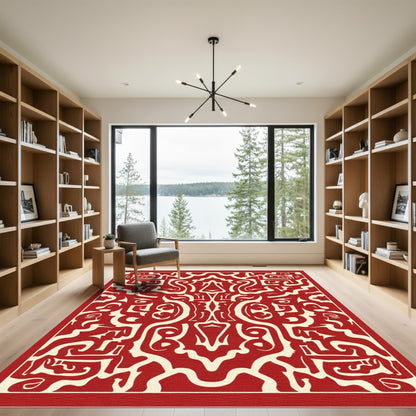 Crimson Ivory Abstract Labyrinth Rug