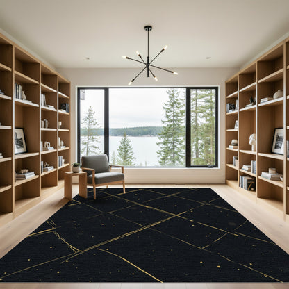 Golden Diagonal Grid Galaxy Splatter Rug