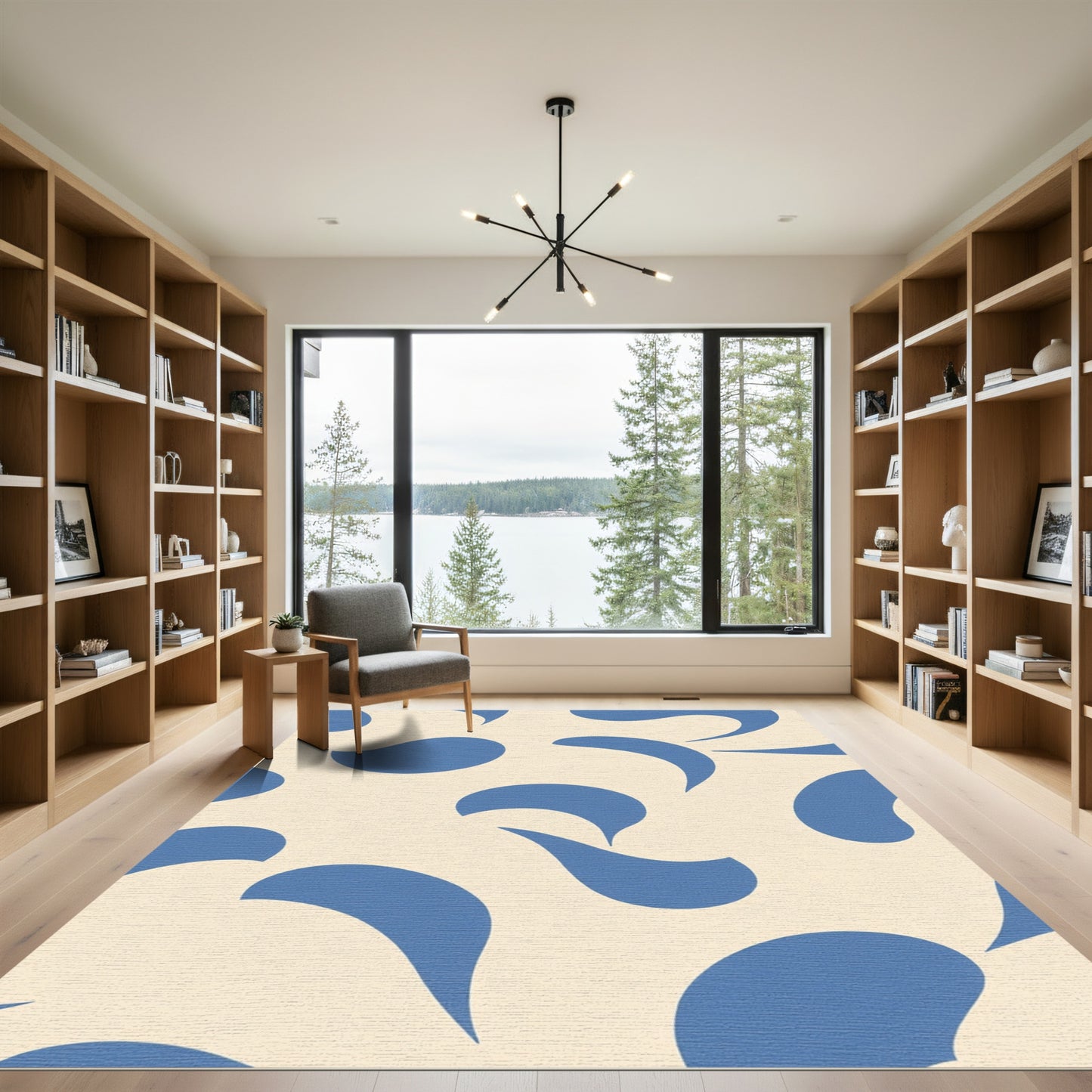 Modern Blue Organic Swirl Cream Rug