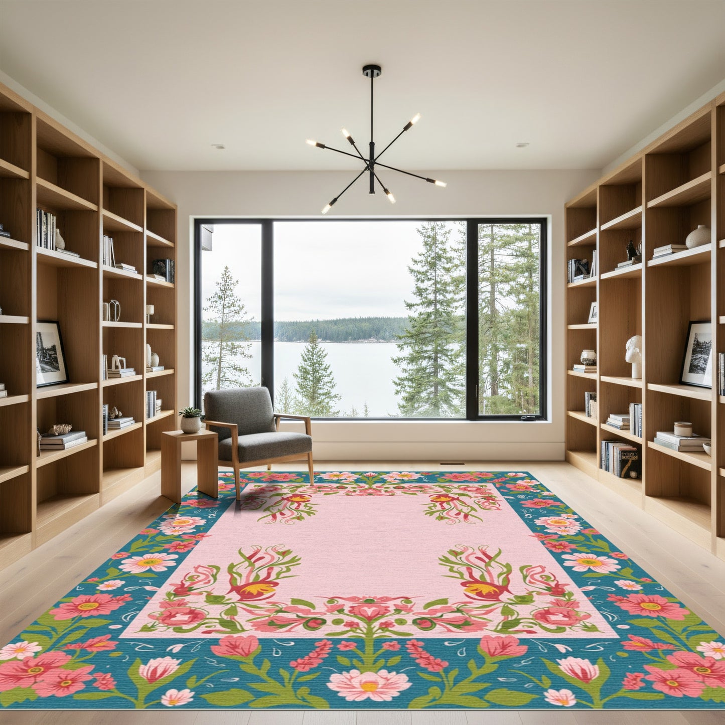 Pink and Teal Floral Border Rug