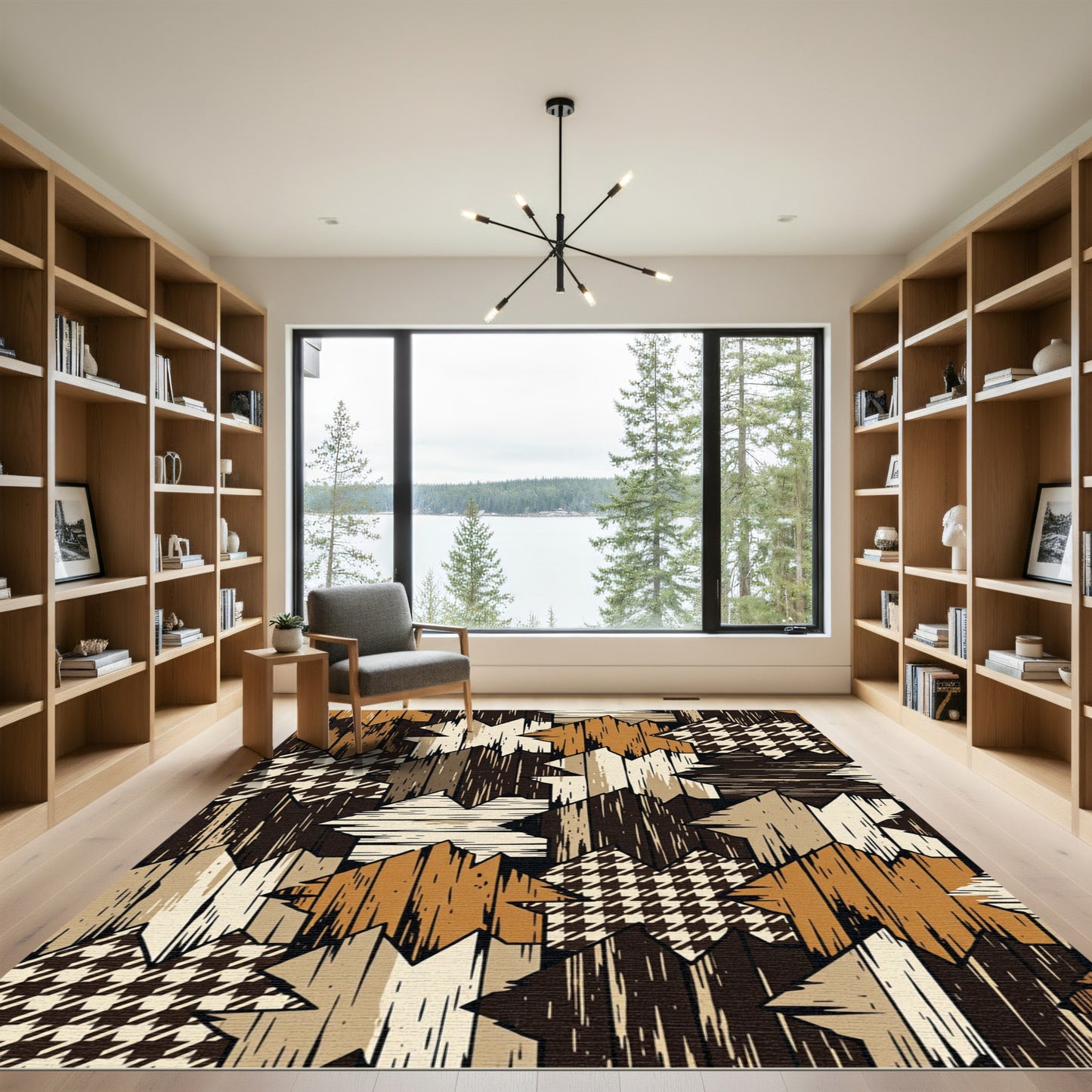 Rustic Houndstooth Wood Patchwork Quilt Rug