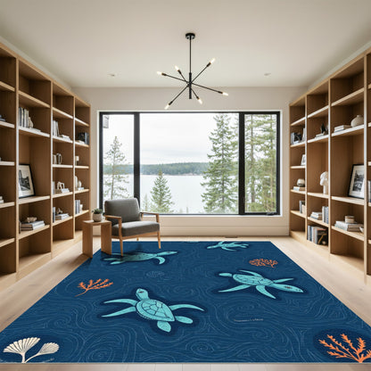 Coastal Aqua Turtle Swirl Ocean Rug