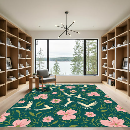 Whimsical Cream Birds Pink Floral Vines Rug