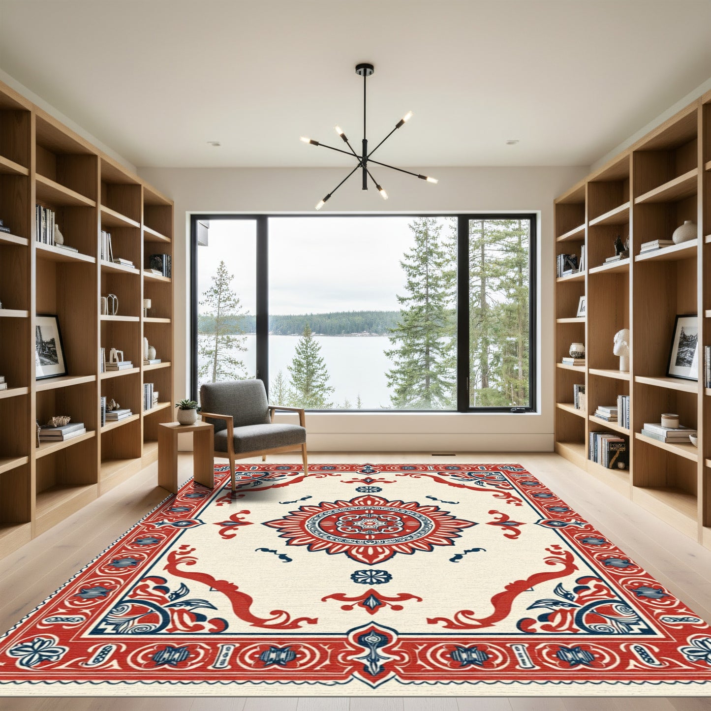 Crimson Navy Cream Medallion Border Rug