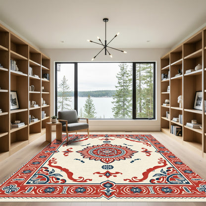 Crimson Navy Cream Medallion Border Rug