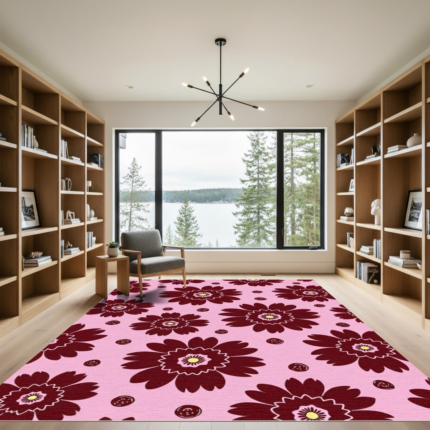 Deep Burgundy Flower and Dot Composition Rug